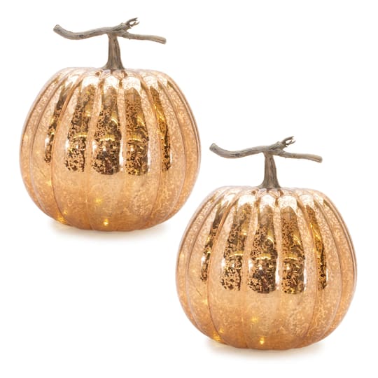 95485DS 10 x 12 in. Glass 3 AA Batteries Not Included LED Pumpkin, Orange & Brown - Set of 2